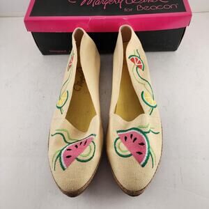Margery Wind Beacon Shoes 10W Canvas Watermelon Embroidered Wedge Slip On NOS
